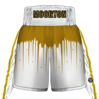 Shine Bright custom boxing shorts with drip-effect design, contrasting waistband and trim. Personalise with colours, logos, embellishments, and full size range.